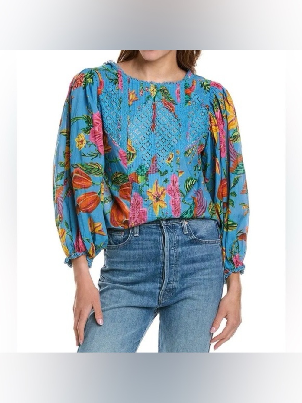 FARM Rio Blue Floral Crochet-Yoke Peasant Blouse